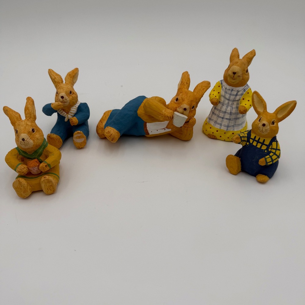 Vintage Style Hand Painted Bunny Rabbit Figurines Set of 5 Easter Decor‎ Nursery